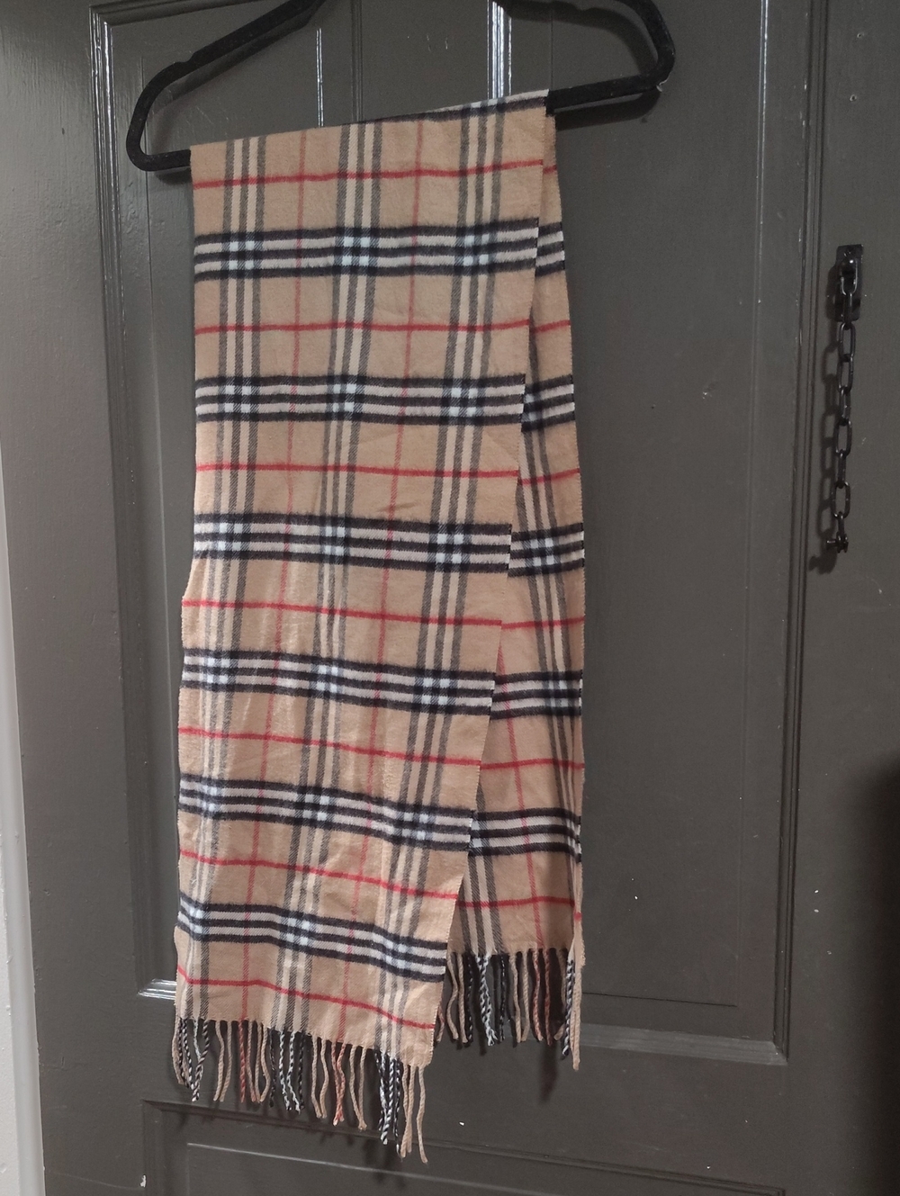 Burberry Beige Plaid Scarf with Black and Red Stripes
